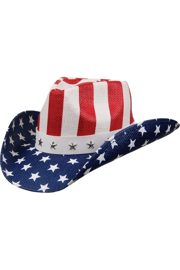 Western Cowboy Hat USA Flag Patriotic Stars & Stripes 4th of July & Year Round ST10 Multiple Styles Toyo Straw (Red White and Blue Style E,Medium)