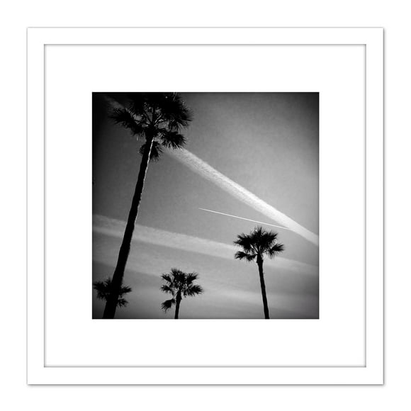 Kenrick Palm Trees Vapour Trails Silhouette Photo 8X8 Inch Square Wooden Framed Wall Art Print Picture with Mount