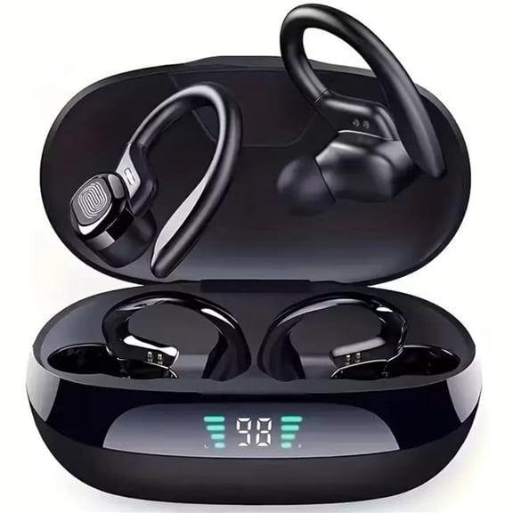 Kenro KNR-E-1069-BLK True Wireless Earbuds with Mic ENC Noise Cancelling, Touch Control, LED Display Case, Earhook Design, BT 5.4, 300mAh Battery - Black