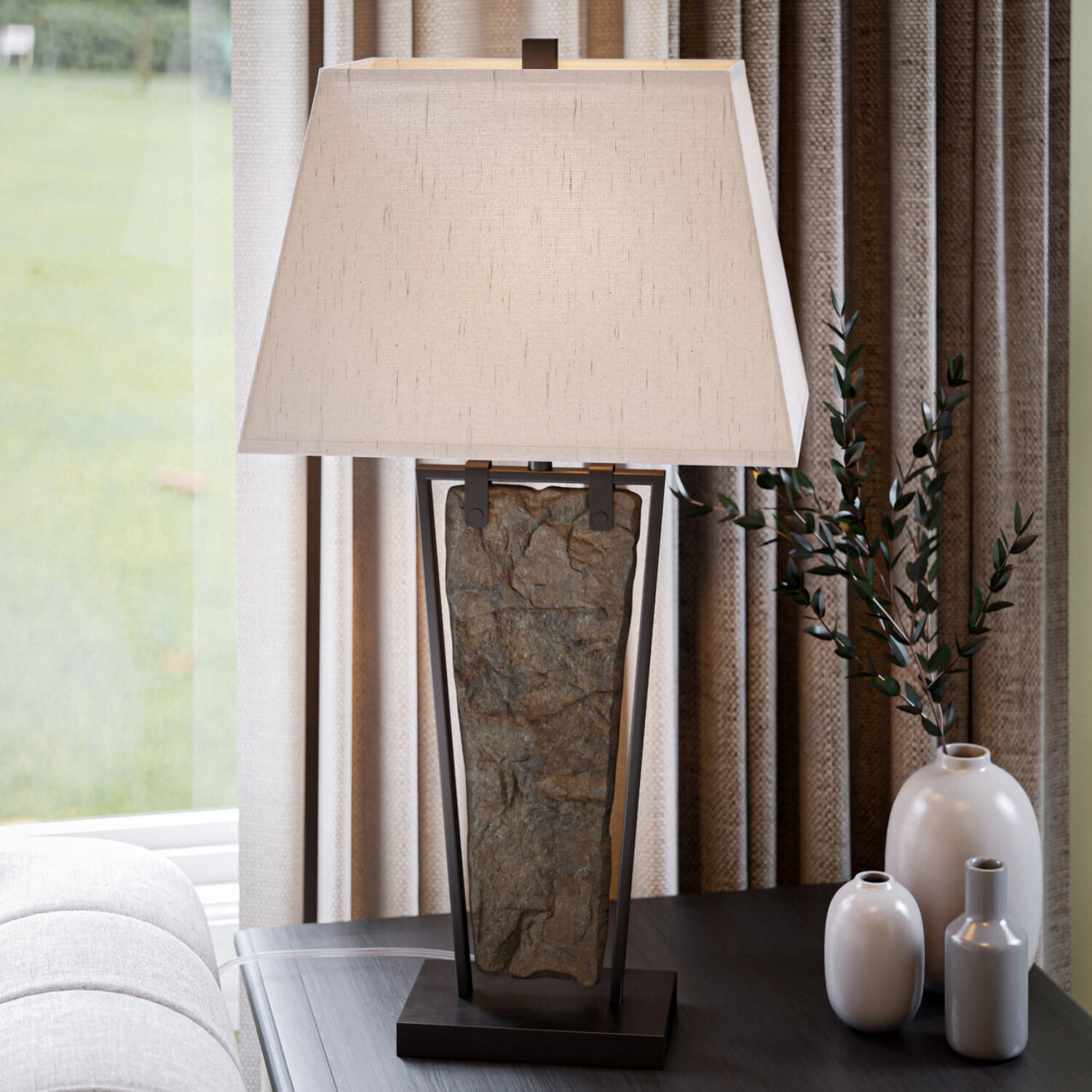 Kenroy Home Free Fall 30'' Table Lamp with Tan Linen Rectangle Shade Transitional Table Light Fixture for Living Room, Bedroom, or Office, Black