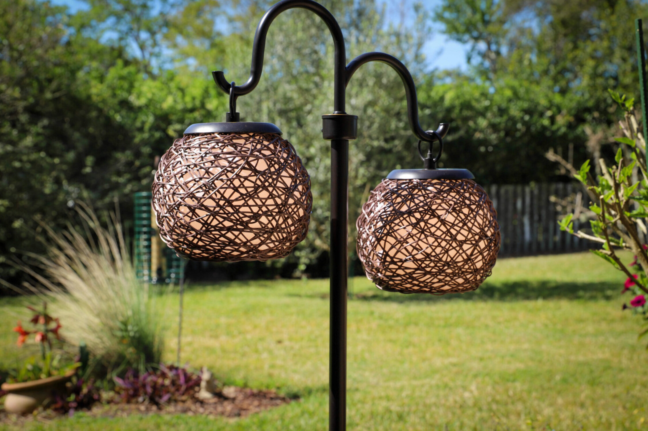 Kenroy Home Mediterranean-Inspired Outdoor Table Lamp, 29 Inch Height, Oil Rubbed Bronze Finish, Cream Acrylic Inner Shade with Rattan Entwined Outer Shades, 4 Way Adjustable Lighting, Pole Switch - image 1 of 8