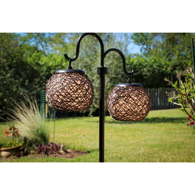 Kenroy Home Mediterranean-Inspired Outdoor Table Lamp, 29 Inch Height, Oil Rubbed Bronze Finish, Cream Acrylic Inner Shade with Rattan Entwined Outer Shades, 4 Way Adjustable Lighting, Pole Switch