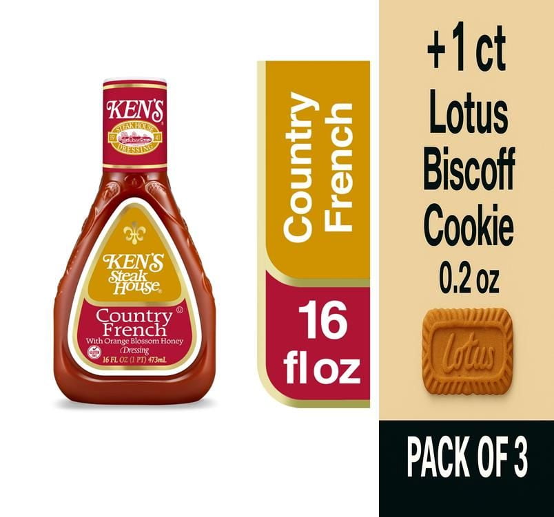 Kens Steak House Country French Salad Dressing 16 fl oz - Pack of 3 & Lotus Biscoff Cookie - 0.2 Oz - 1 ct