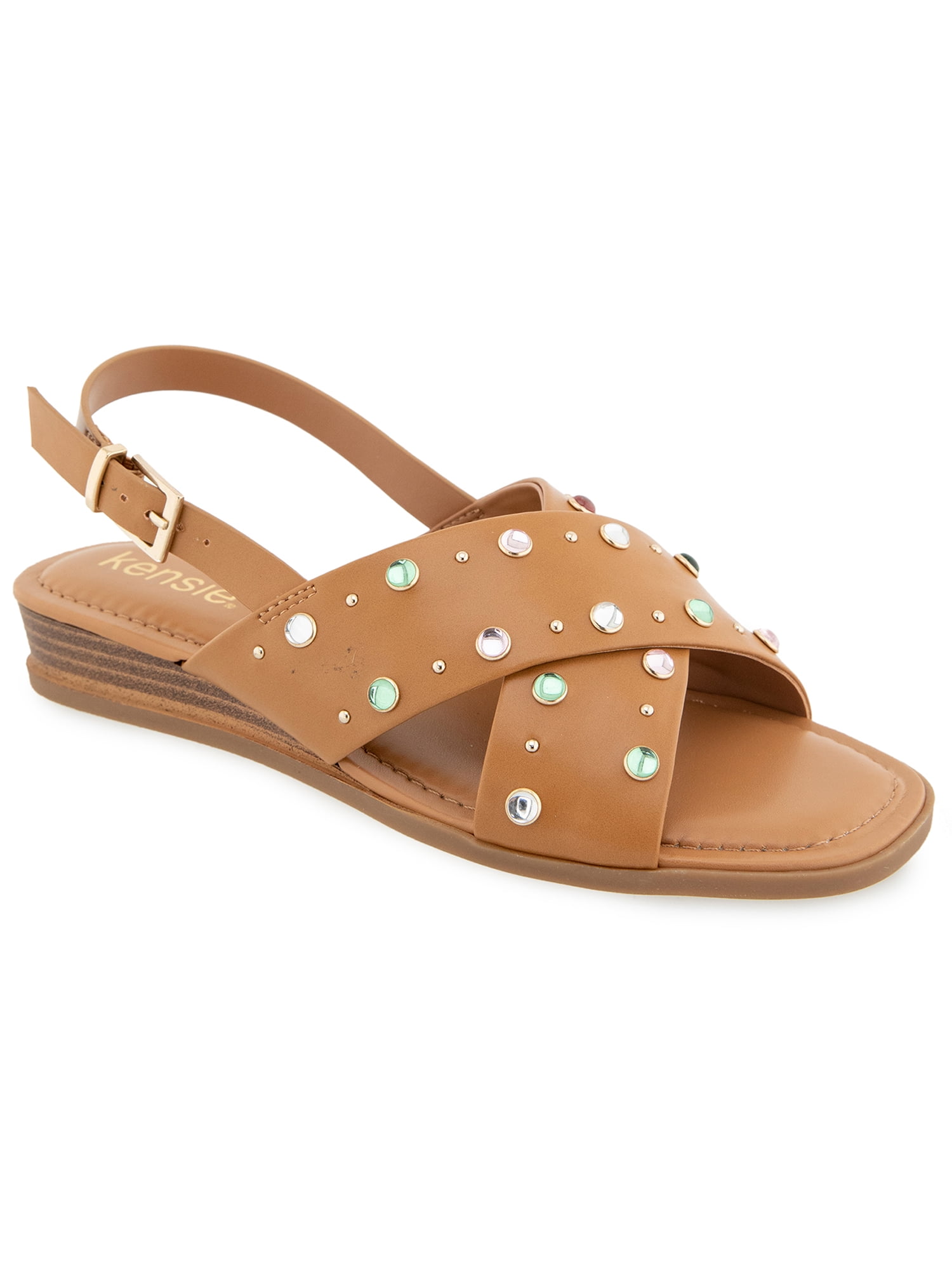 Kensie Women's Alishia Gem Crossband Wedge Flat Sandal