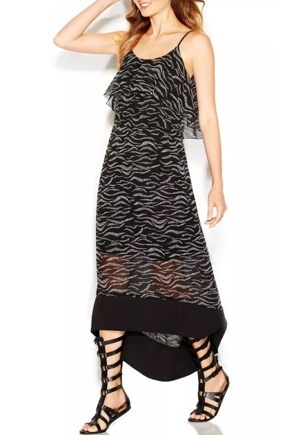 Black Layered Ruffled Hi-Low Maxi Dress, Women's Small