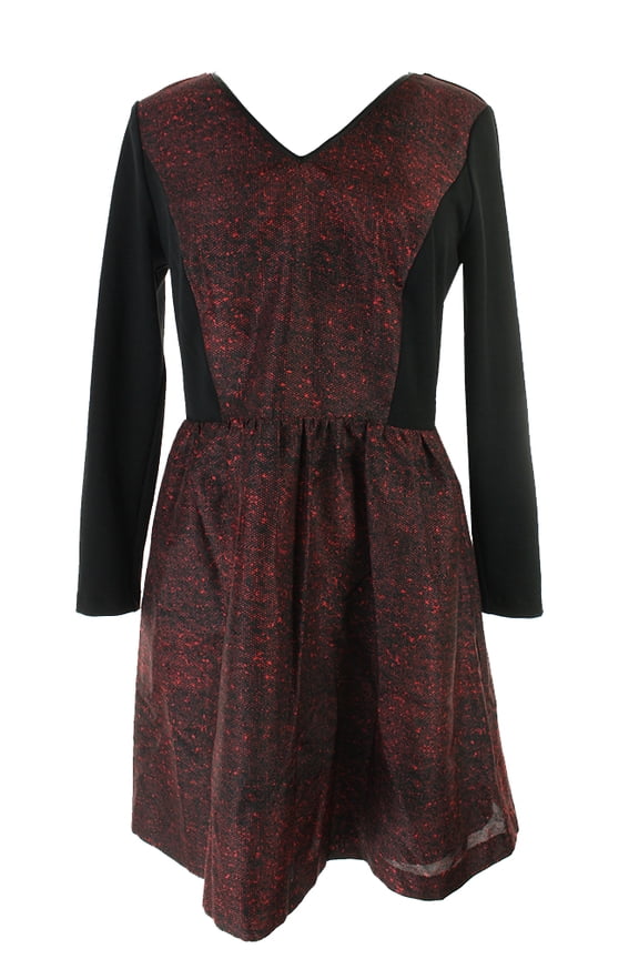 Black-Red /-Sleeve Lace-Inset Dress L