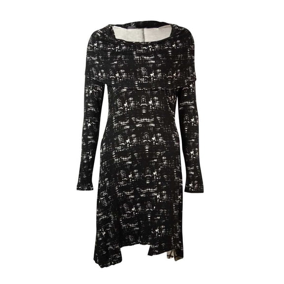 Kensie Black-White Long-Sleeve Cowl-Neck Printed Dress S
