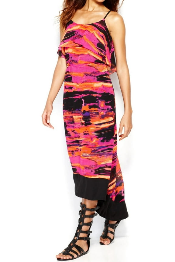 Bold Pink Layered Ruffled Hi-Low Maxi Dress, Women's XSmall