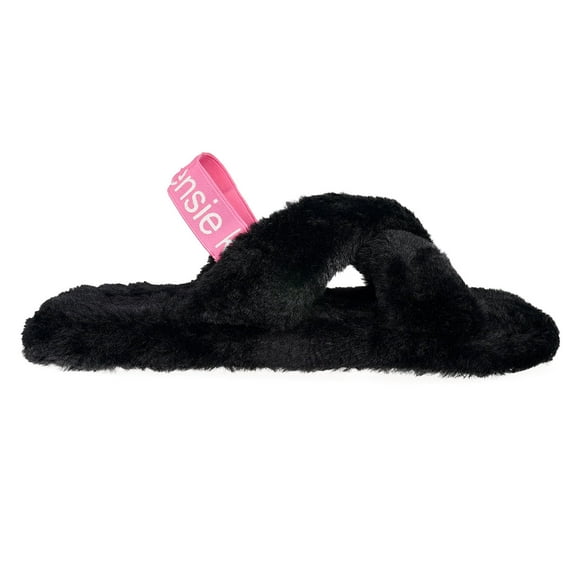 Kensie Cute Cross Strap Faux Fur Home Slippers, Black (Women's)