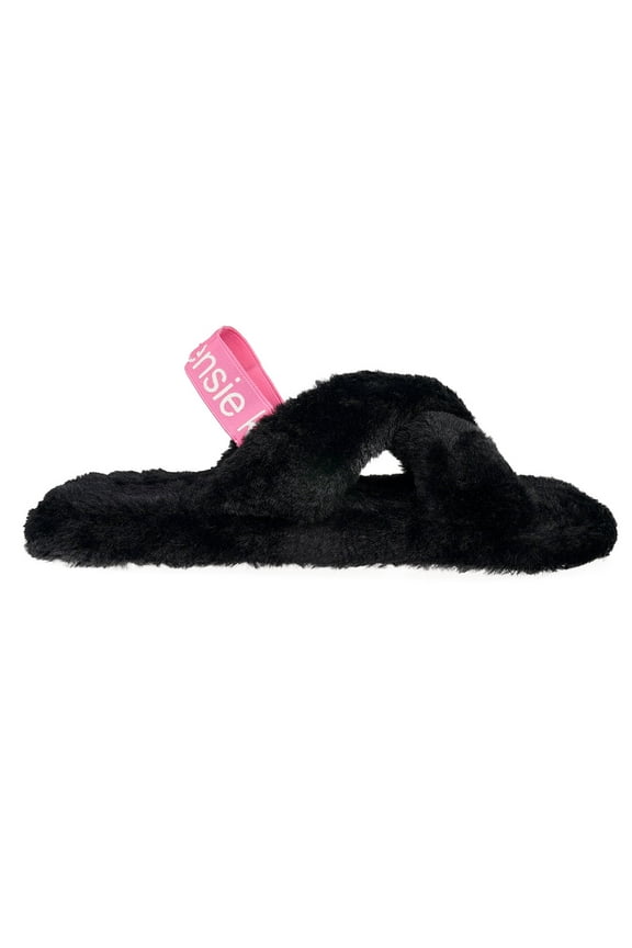 Cute Cross Strap Faux Fur Home Slippers, Black (Women's)