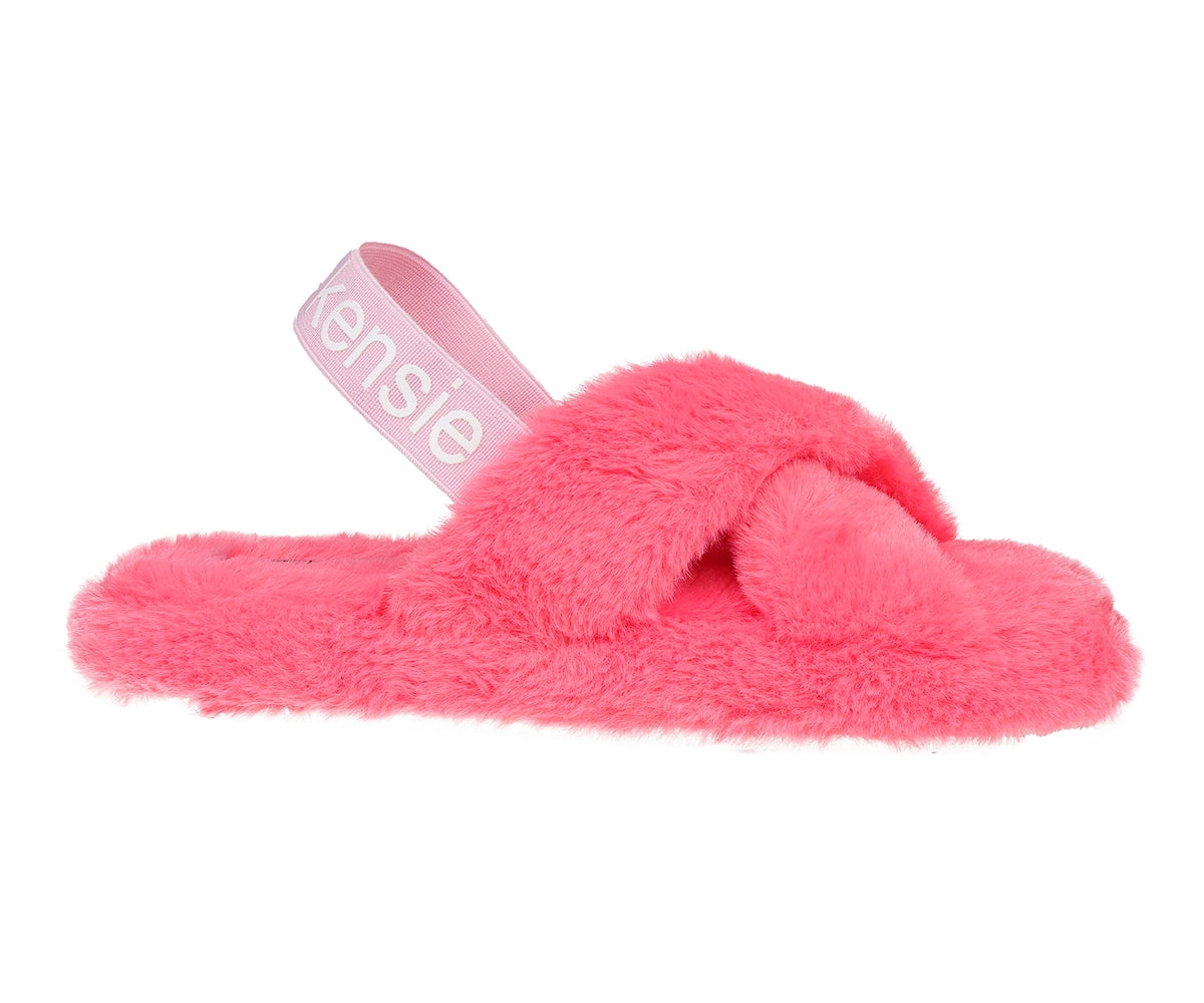 Kensie Cute Cross Strap Faux Fur Home Slippers Fuchsia Women s