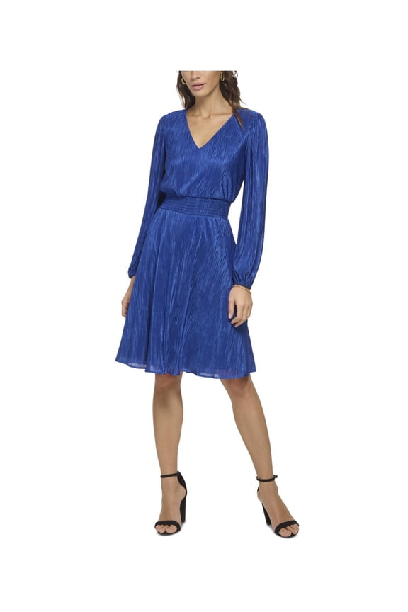 Womens V-Neck Midi Dress, Blue, 4