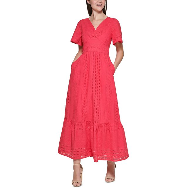 Kensie Women's Eyelet VNeck Midi Dress 100 Cotton
