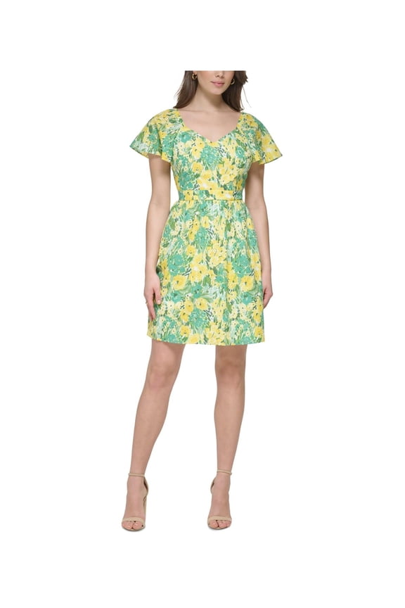 Women's Printed Eyelet Fit & Flare Mini Dress Citron Multi 10