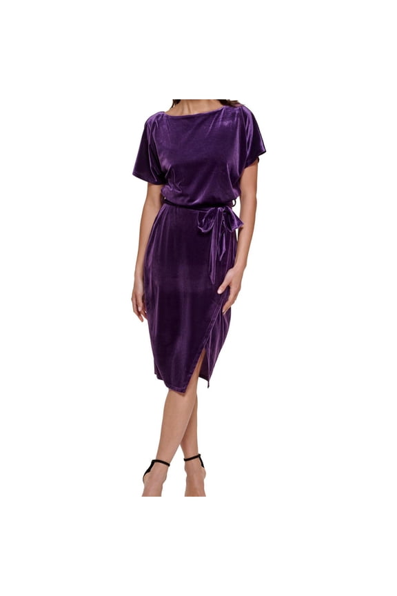 Womens Velvet Boatneck Midi Dress, Purple, X-Small