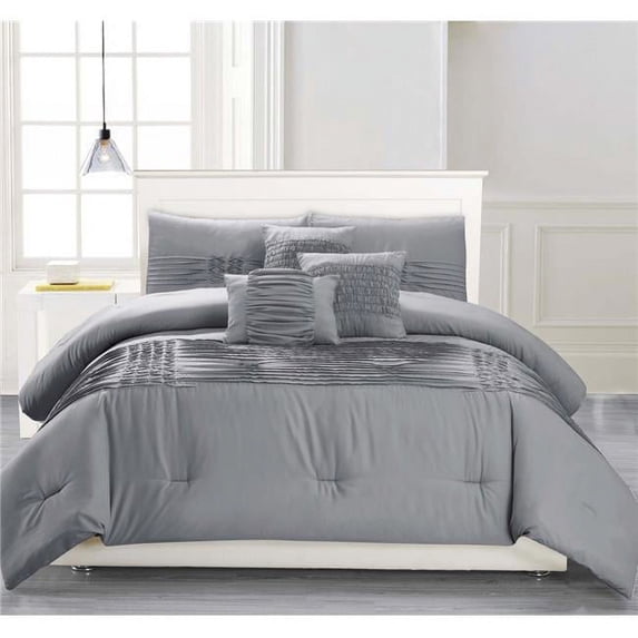Kensie GEONNA 12969D=1 Comforter Set For Bedding - Pinch Pleat Stripe - 6 Piece Set - Fits Full & Queen - Grey