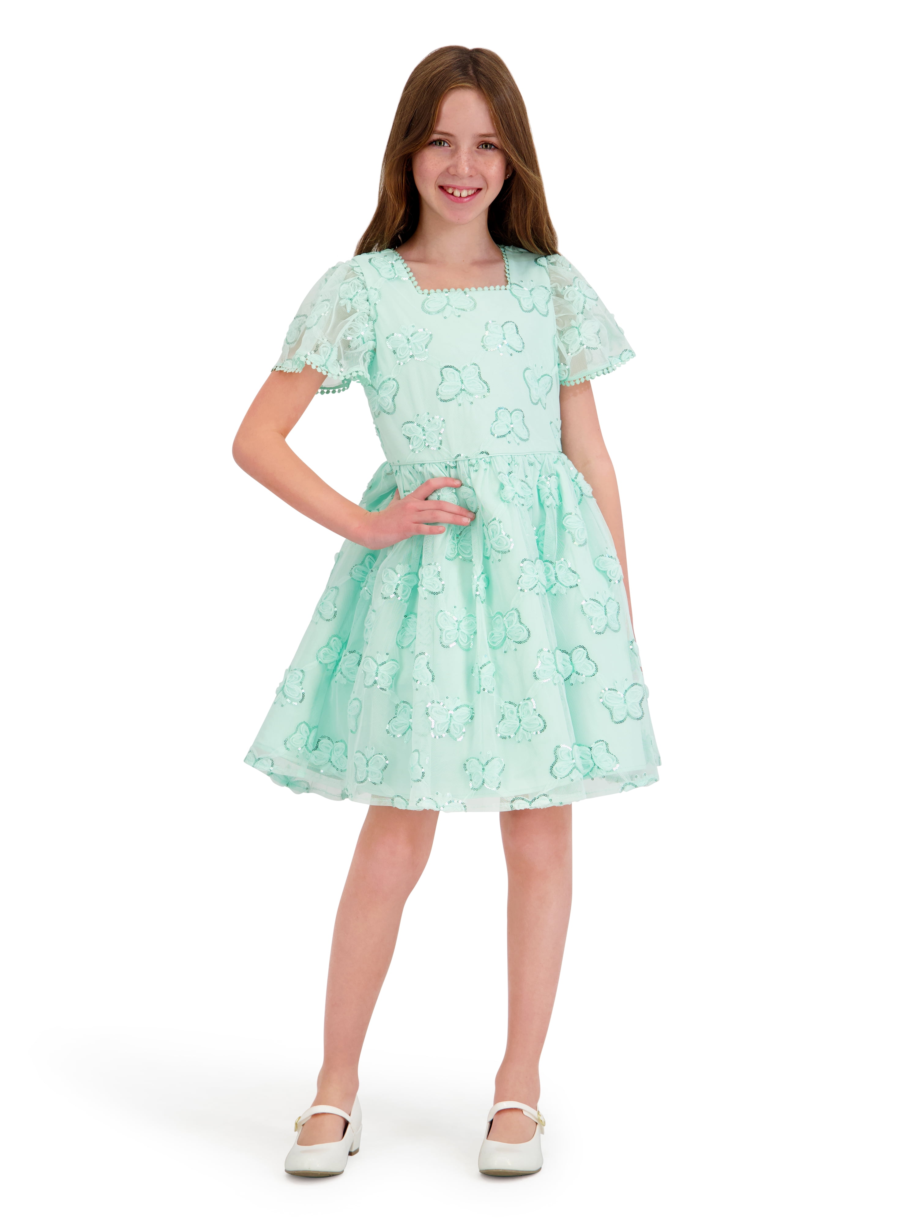 Kensie Girl Cap Sleeve Sequin Butterfly Soutache Mesh Dress, Sizes 4-16