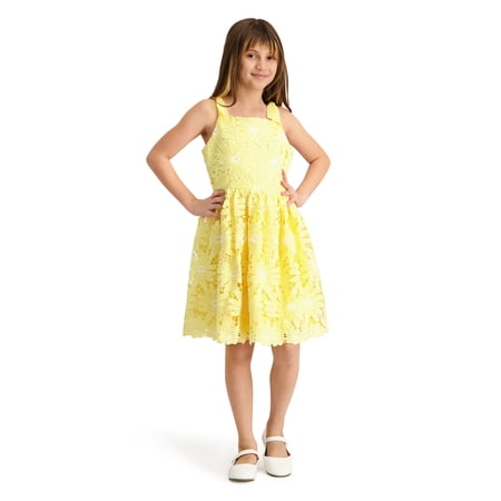 Kensie Girl Bow Strap Embroidered Heavy Lace Dress, Sizes 4-16