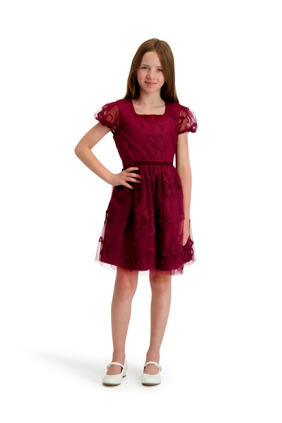 Floral Soutache Mesh Short Sleeve Dress, Sizes 4-16