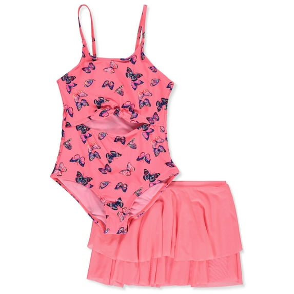 Kensie Girl Girls' 2-Piece Swimsuit Skirt Set Color: neon coral Size: 7 - 8