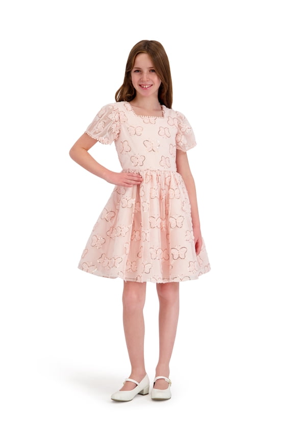 Cap Sleeve Sequin Butterfly Soutache Mesh Dress, Sizes 4-16