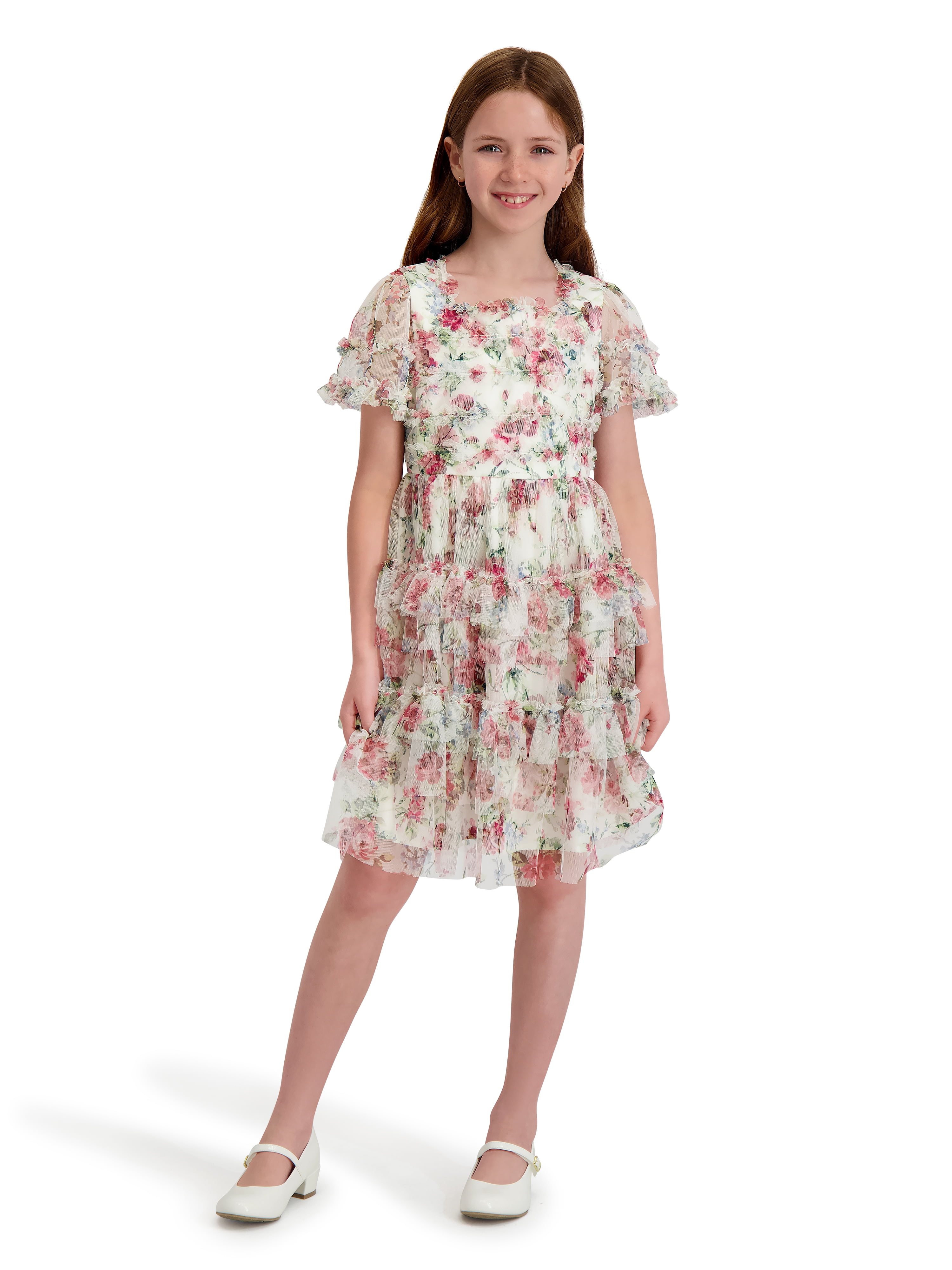 Printed Mesh Short Sleeve Dress, Sizes 4-16
