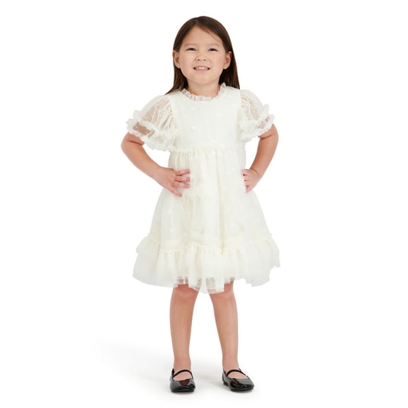 Kensie Girl Sequin Mesh Short Sleeve Ivory Dress, Sizes 12 Months-3T