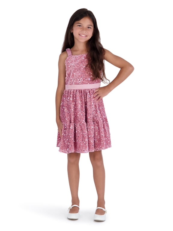 Girl Sequin Ruffle Velvet Pink Dress , Sizes 4-16