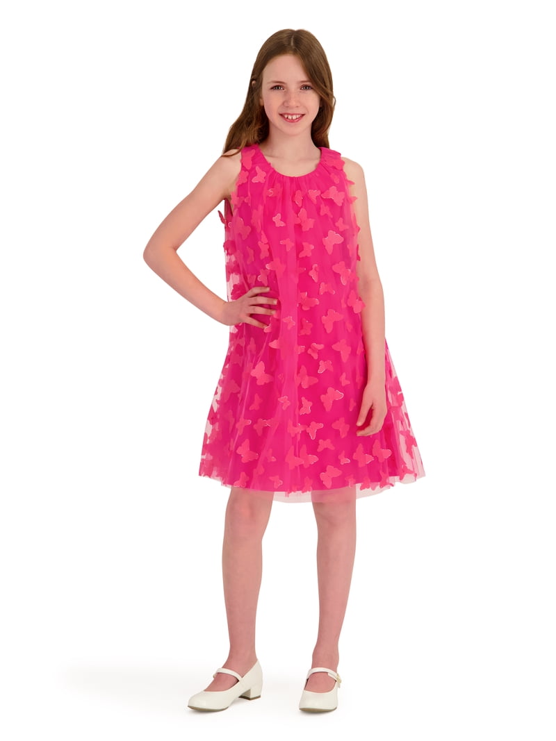 Kensie Girl Sleeveless 3D Butterfly Mesh A Line Dress, Sizes 4-16, Girl's, Size: 14, Pink