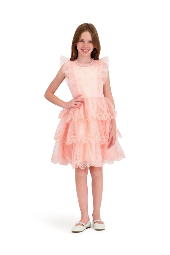 Sleeveless Embroidered Tiered Scallop Dress, Sizes 4-16