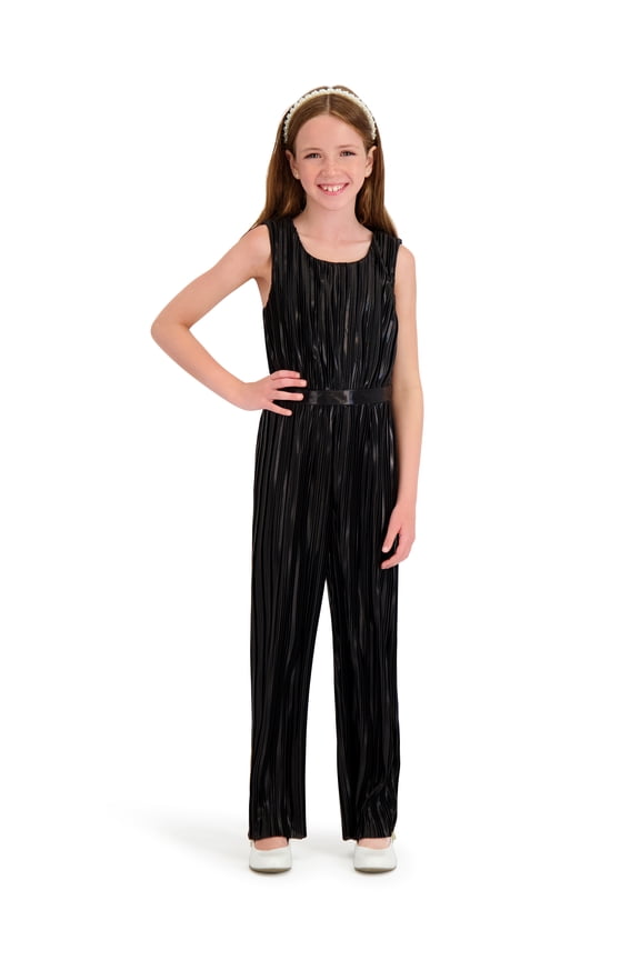 Sleeveless Pleated Metallic Jumpsuit, Sizes 4-16