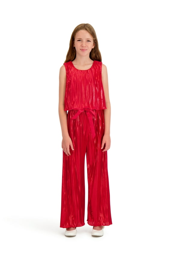 Sleeveless Belted Metallic Jumpsuit, Sizes 4-16