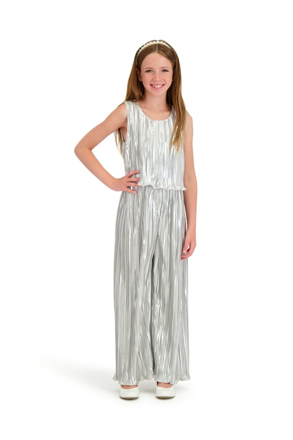 Sleeveless Belted Metallic Jumpsuit, Sizes 4-16