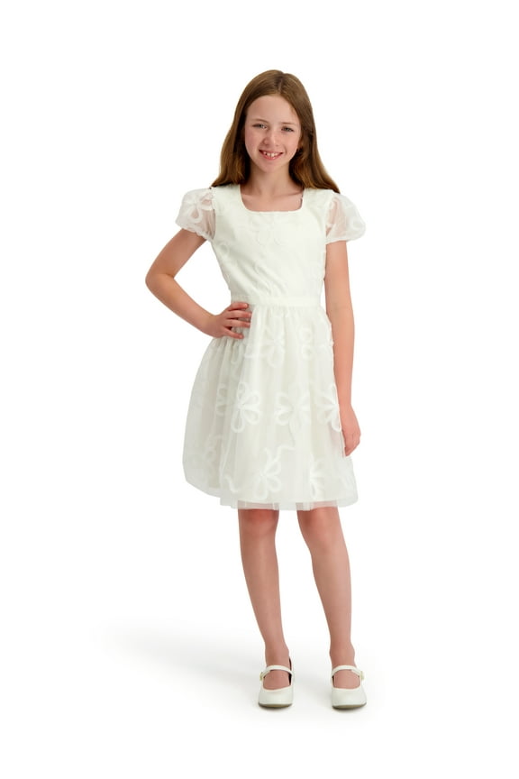 Floral Soutache Mesh Short Sleeve Dress, Sizes 4-16