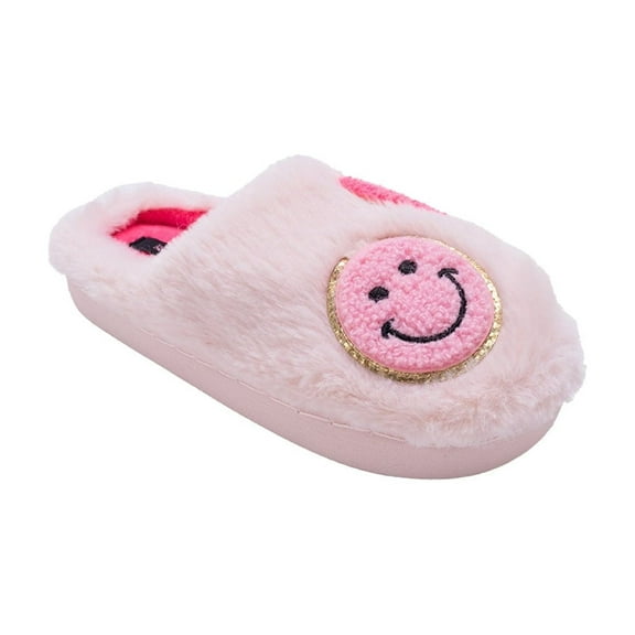 Kensie Girls' Faux Fur Slippers – Cozy Slip-On House Slippers with Cute Patches, Soft Plush Indoor Shoes for Little Kid/Big Kid
