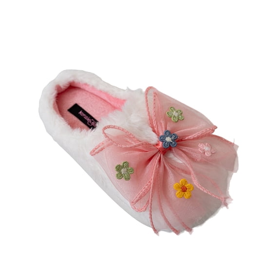 Kensie Girls' Faux Fur Slippers with Floral Bow, Cozy Indoor House Shoes