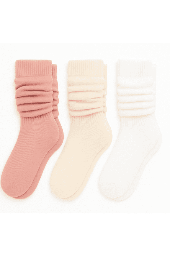 Girls Super Soft Ribbed Slouchy Mid Crew Kids Socks (3-pack) – Pink Oat White