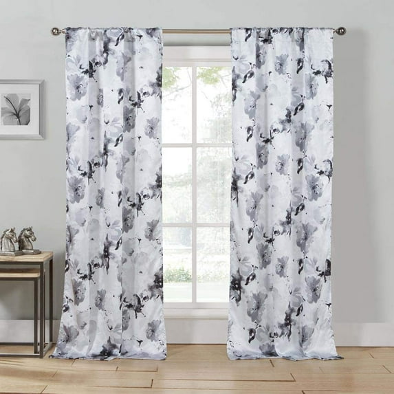 Kensie Halle Floral Pole Top Window Curtain Drapes For Bedroom, Livingroom, Kids Room, Children, Nursery - Assorted Colors - Set of 2 Panels, 38 X 84, Grey, 2 Piece