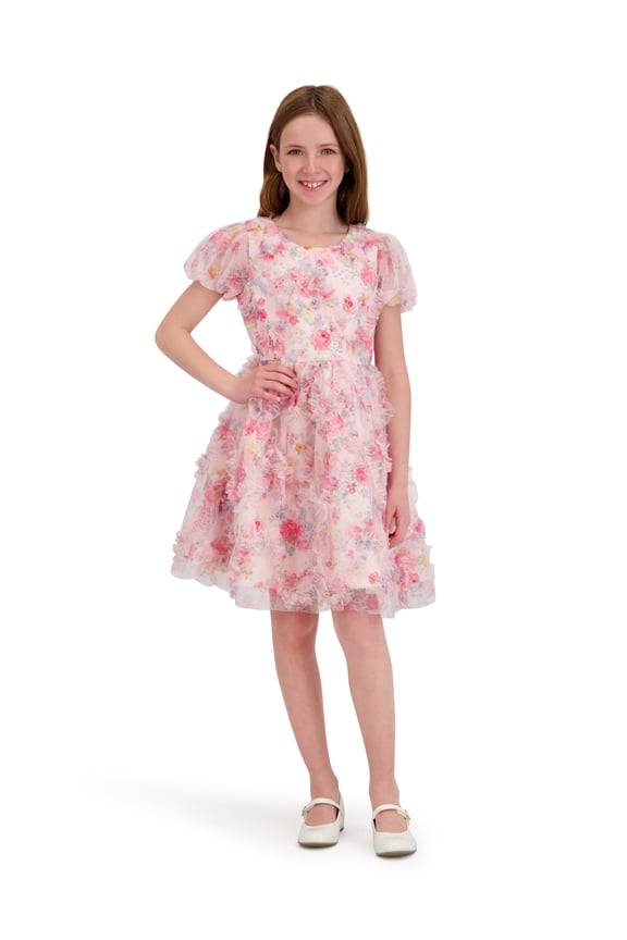 Short Sleeve Allover Printed Ruffle Dress, Sizes 4-16