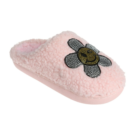 Kensie Slippers for Kids Smiley Face Slippers for Girls - Fuzzy Cute Slippers with Rhinestones for Little Kid/Big Kid, Blush, 11-12