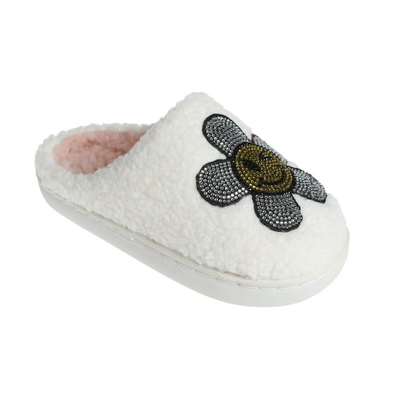 Kensie Slippers for Kids Smiley Face Slippers for Girls - Fuzzy Cute Slippers with Rhinestones for Little Kid/Big Kid, Ivory - Flower, 2-3