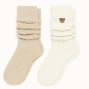 KENSIE Girls Super Soft Slouchy Sock (2-pack) - Oatmeal / Tan / Bear Print
