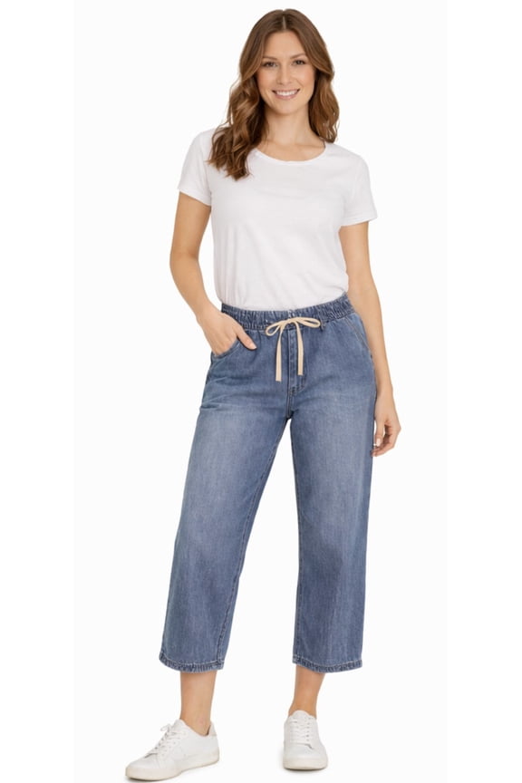Woman's Drawstring Cropped Jeans - Dark Blue Wash - Small