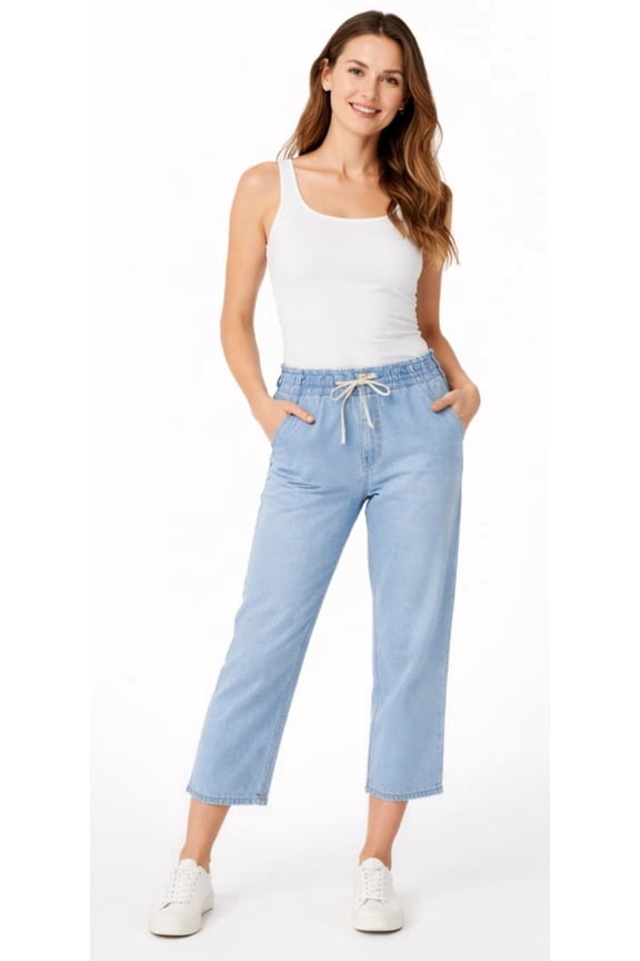 Womans Drawstring Cropped Jeans - Light Blue Wash - XS