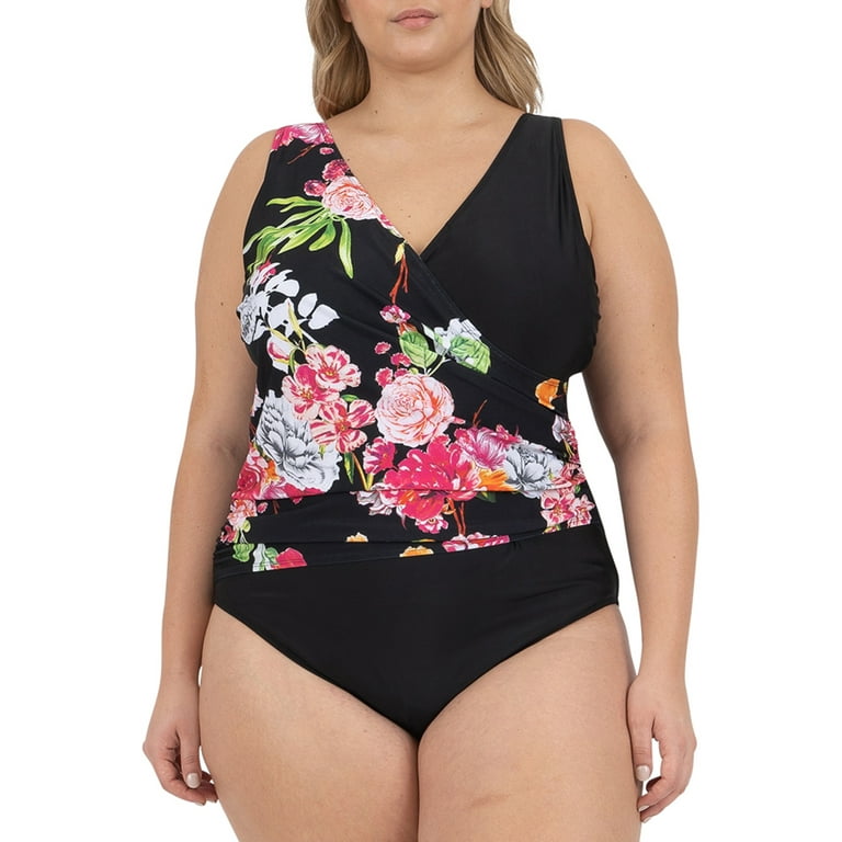 Kensie Women s Plus Floral Wrap One Piece Swimsuit Walmart