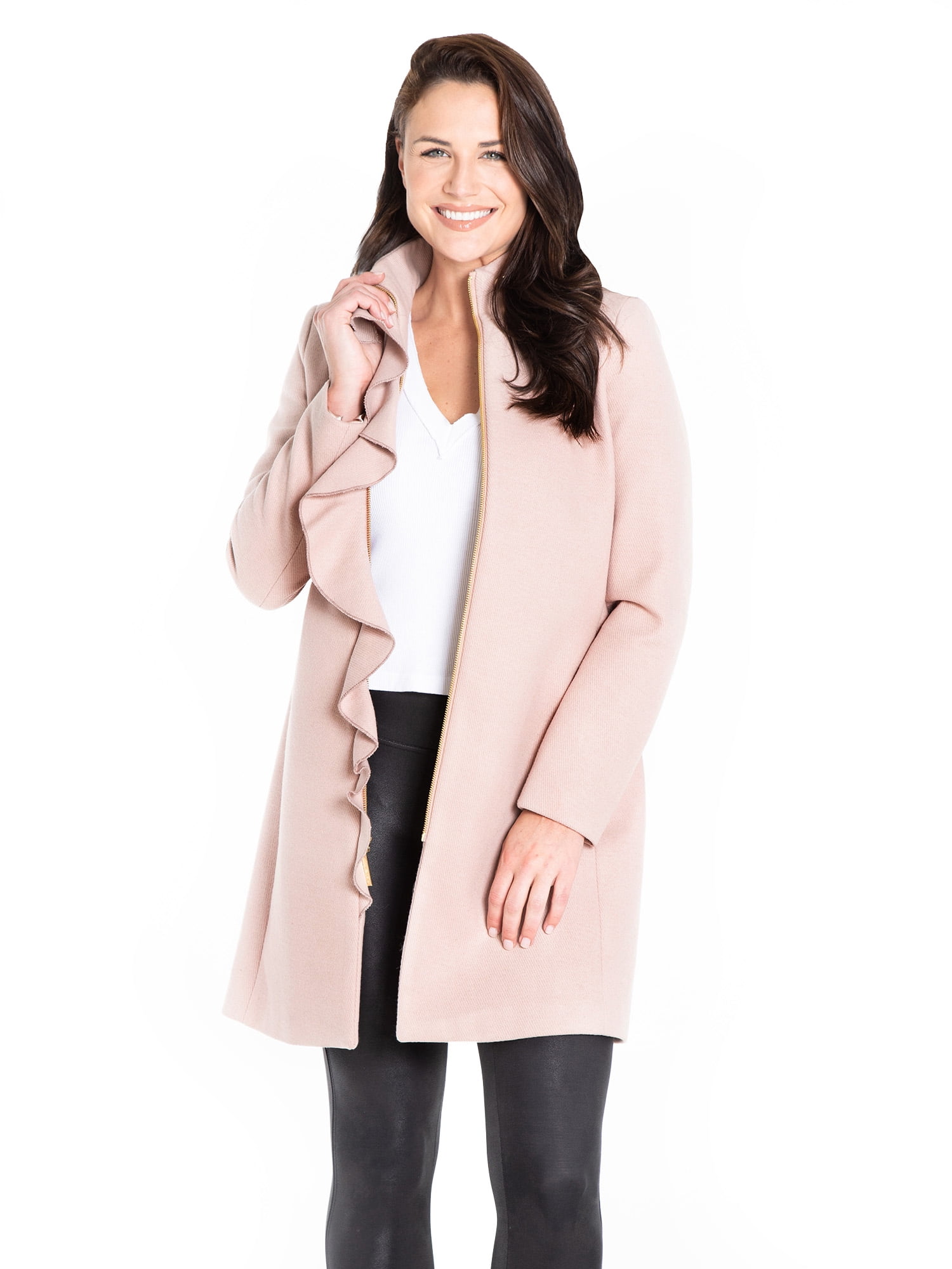 Kensie Women's Wool Blend Front Ruffle Coat