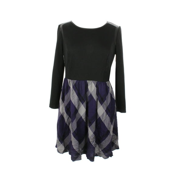 Kensie Womens Black Purple Mixed-Media Long-Sleeve Plaid-Print A-Line Dress M