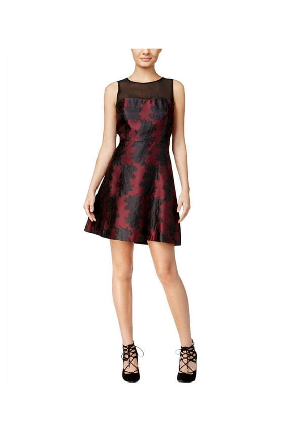 Womens Burgundy Floral Sleeveless Illusion Neckline Above The Knee Fit + Flare Dress  Size: S