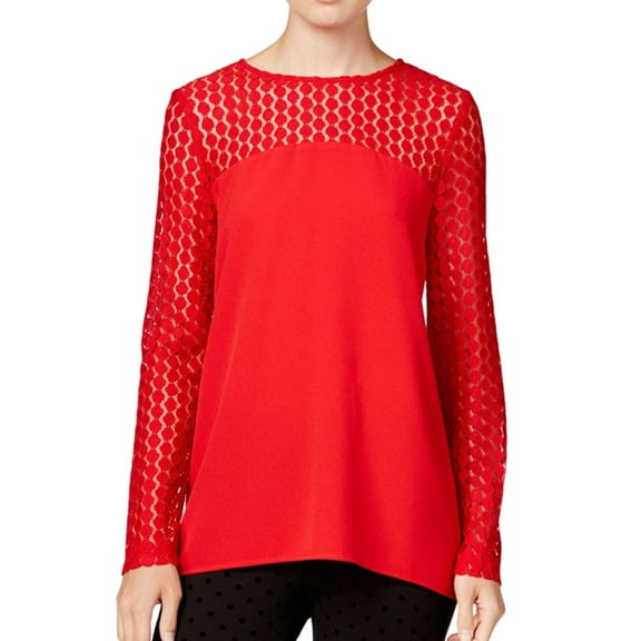 Kensie Womens Crepe Lace Detailed Pullover Blouse, Red, X-Large