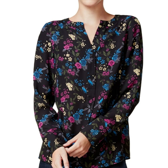 Kensie Womens Floral Knit Blouse, Black, Large
